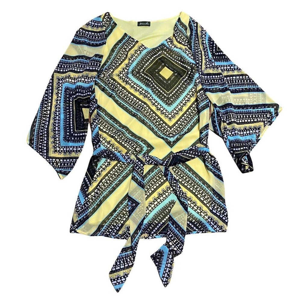 Anthropologie Maude‎ Yellow Turquoise Top Blouse  V-Neck Size Small